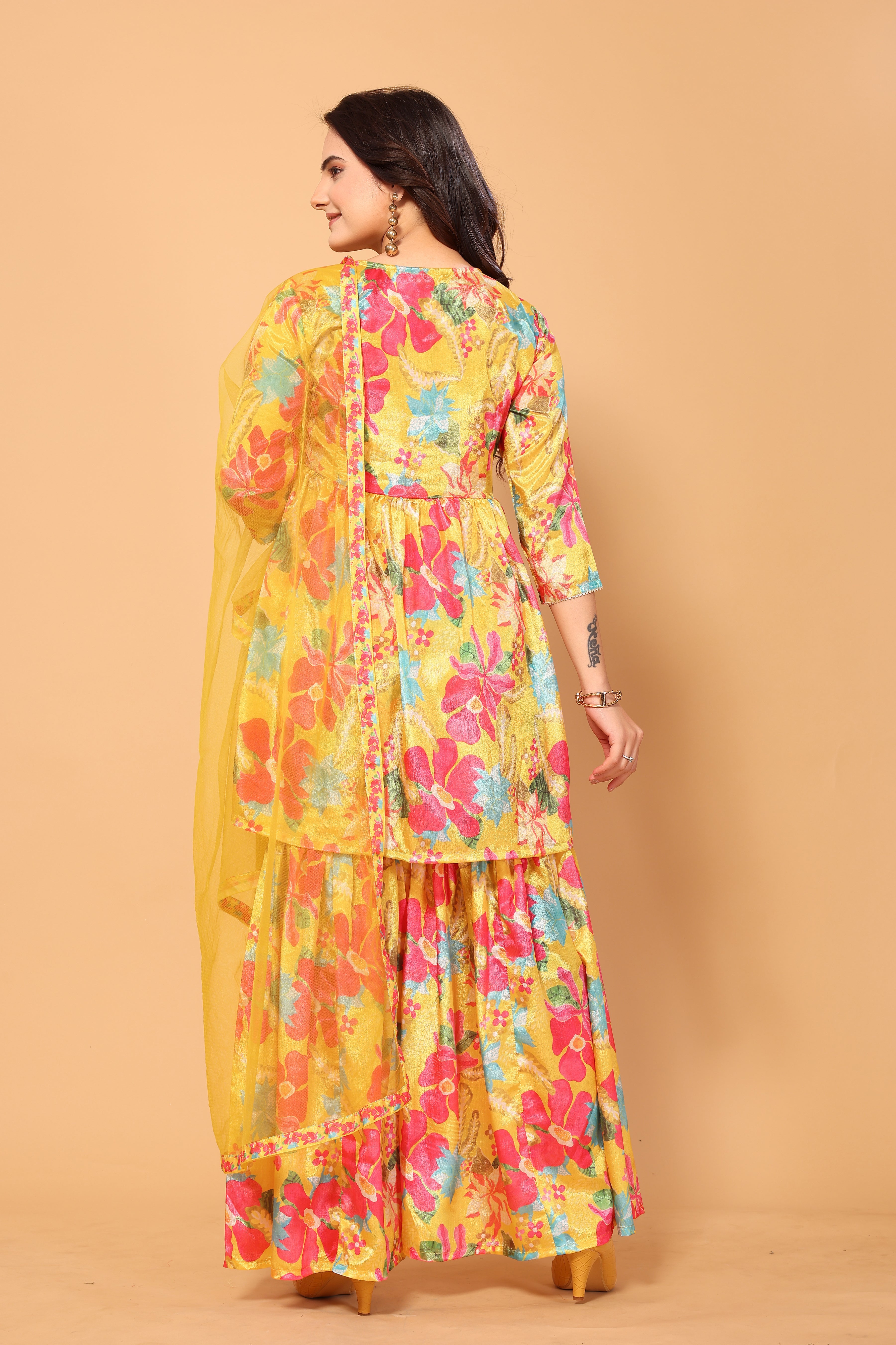 Yellow Viscose Chinon Digital Printed Salwar Suit With Sharara Dupatta