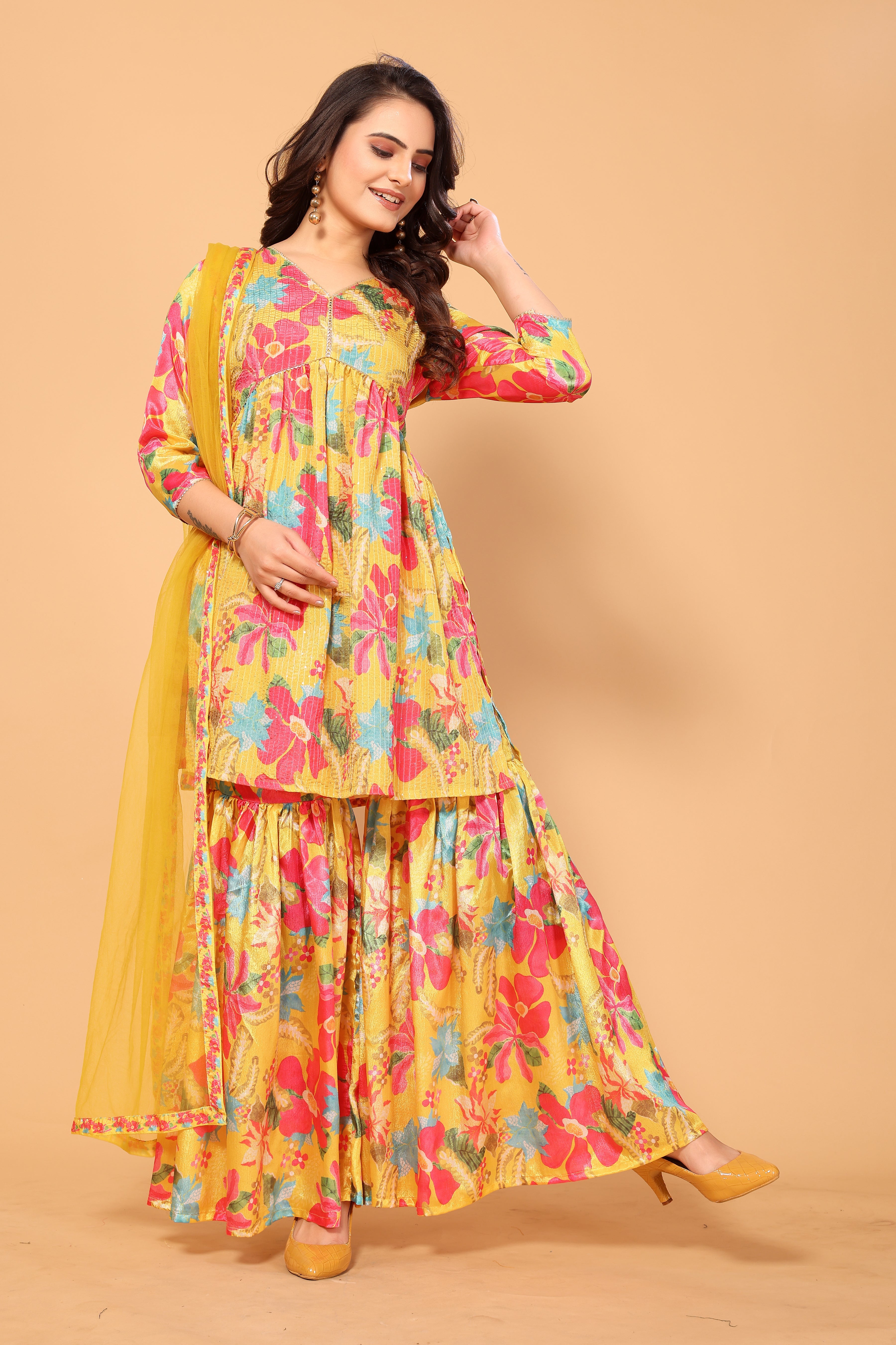 Yellow Viscose Chinon Digital Printed Salwar Suit With Sharara Dupatta