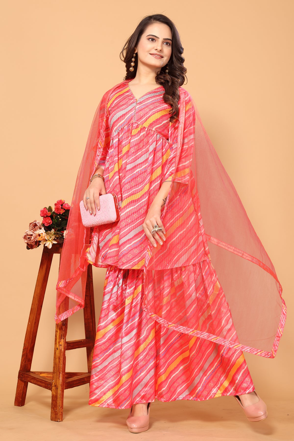 Pink Viscose Chinon Digital Printed Salwar Suit With Sharara Dupatta