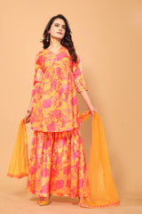 Mustard Viscose Chinon Digital Printed Salwar Suit With Sharara Dupatta