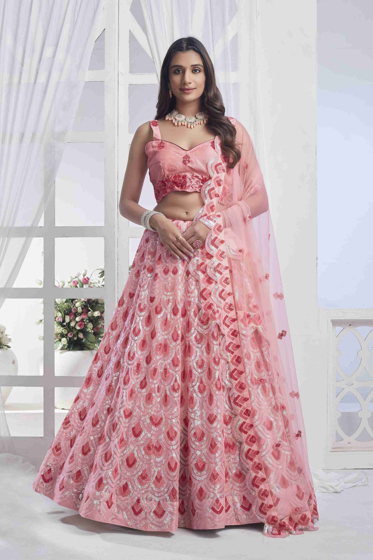 Peach Silk Sequins Embroidered Lehenga Choli