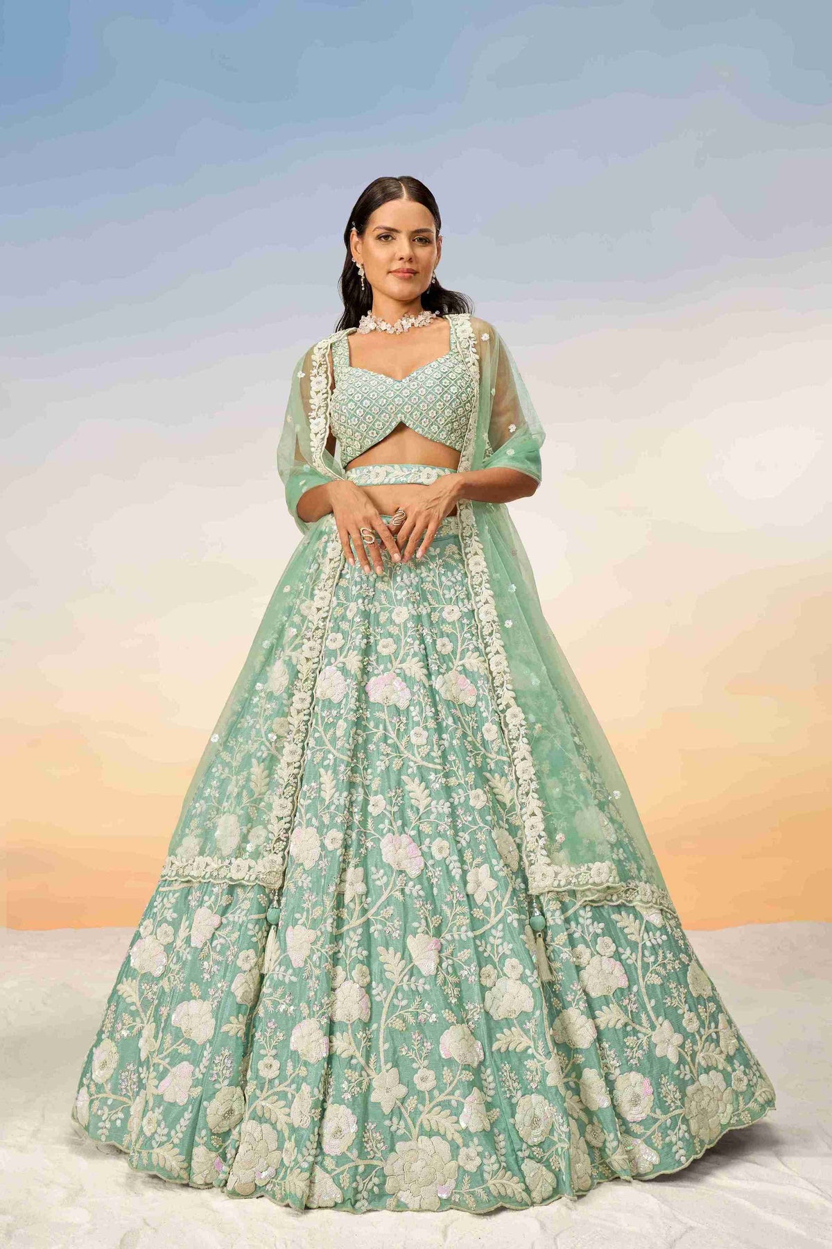 Sea Green Georgette Sequins Embroidered Lehenga Choli