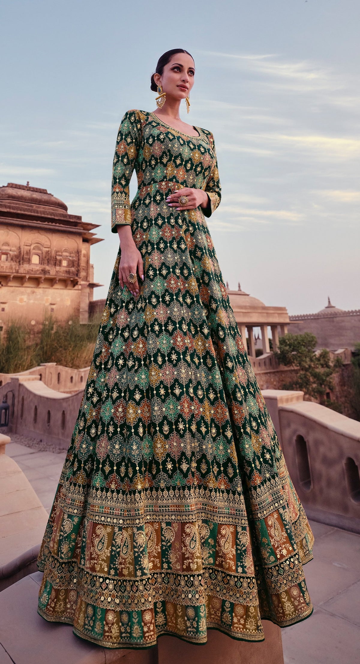 Green Georgette Heavy Embroidery Flared Anarkali Salwar Suit With Bottom Dupatta