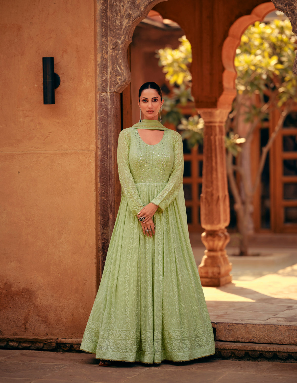 Green Georgette Embroidery Flared Anarkali Salwar Suit With Bottom Dupatta