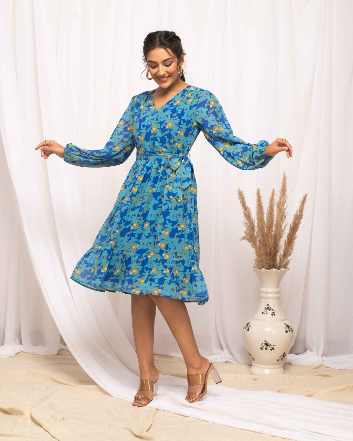 Blue Floral Print Western  Dress