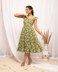 Olive Green Floral Print Panelled Dress