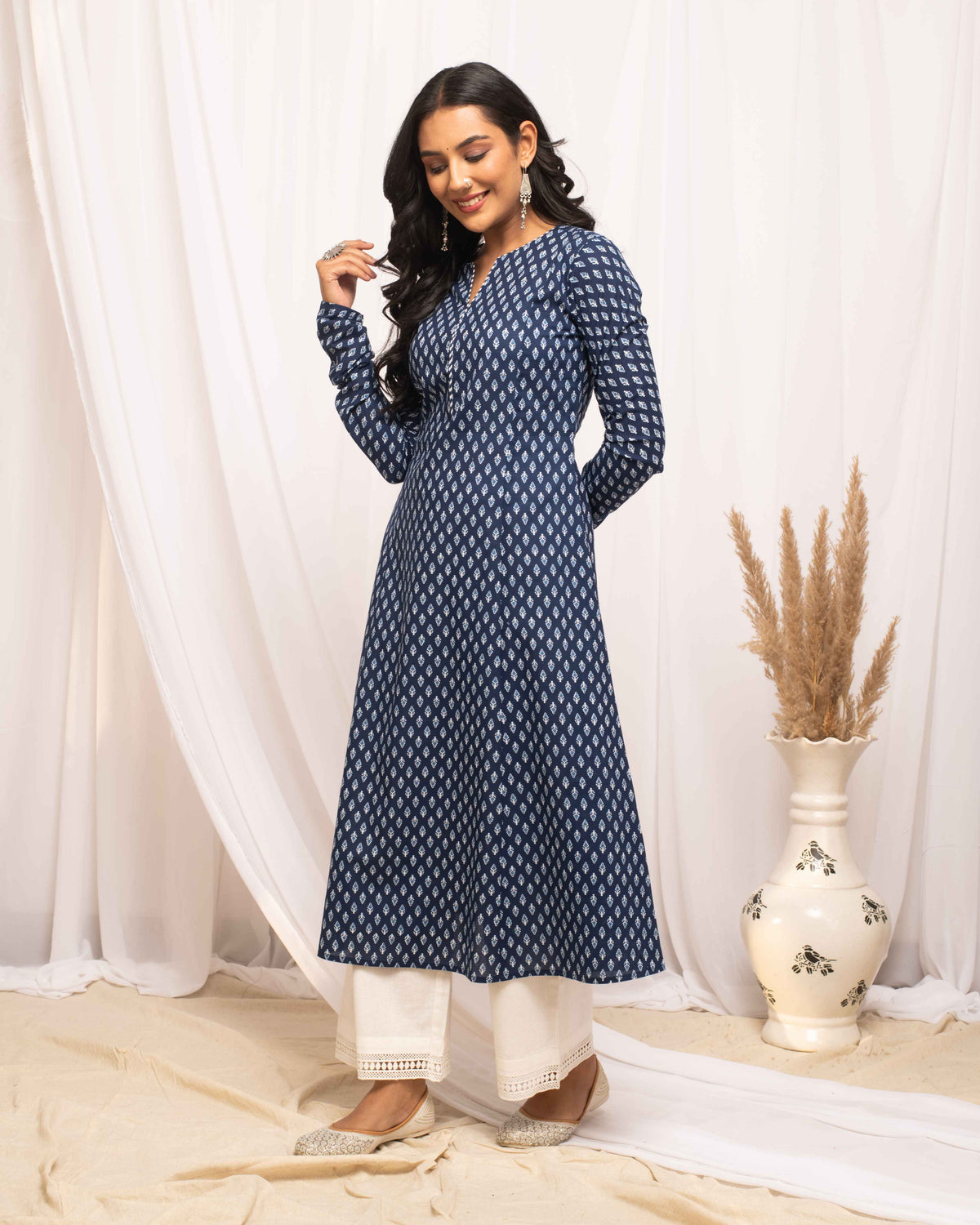 Kurti en coton bleu indigo imprimé