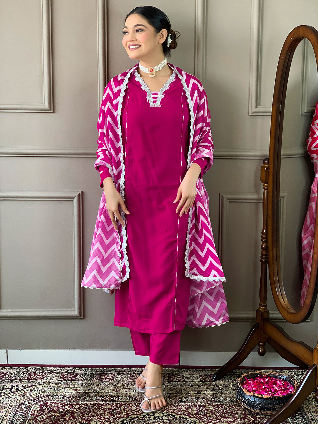 Pink Viscose Printed Readymade Salwar Suit With Bottom Dupatta