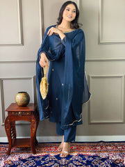 Blue Rayon Embroidered Readymade Salwar Suit With Bottom Dupatta