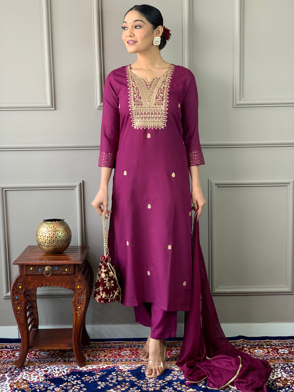 Wine Rayon Embroidered Readymade Salwar Suit With Bottom Dupatta