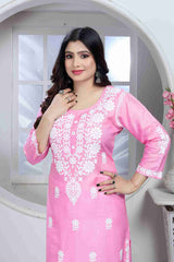 Rayonne rose Chikankari Kurti avec pantalon