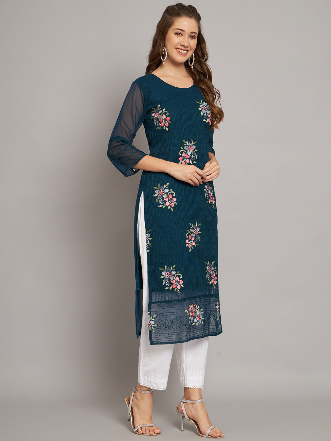 Teal Blue Georgette Embroidery Kurti