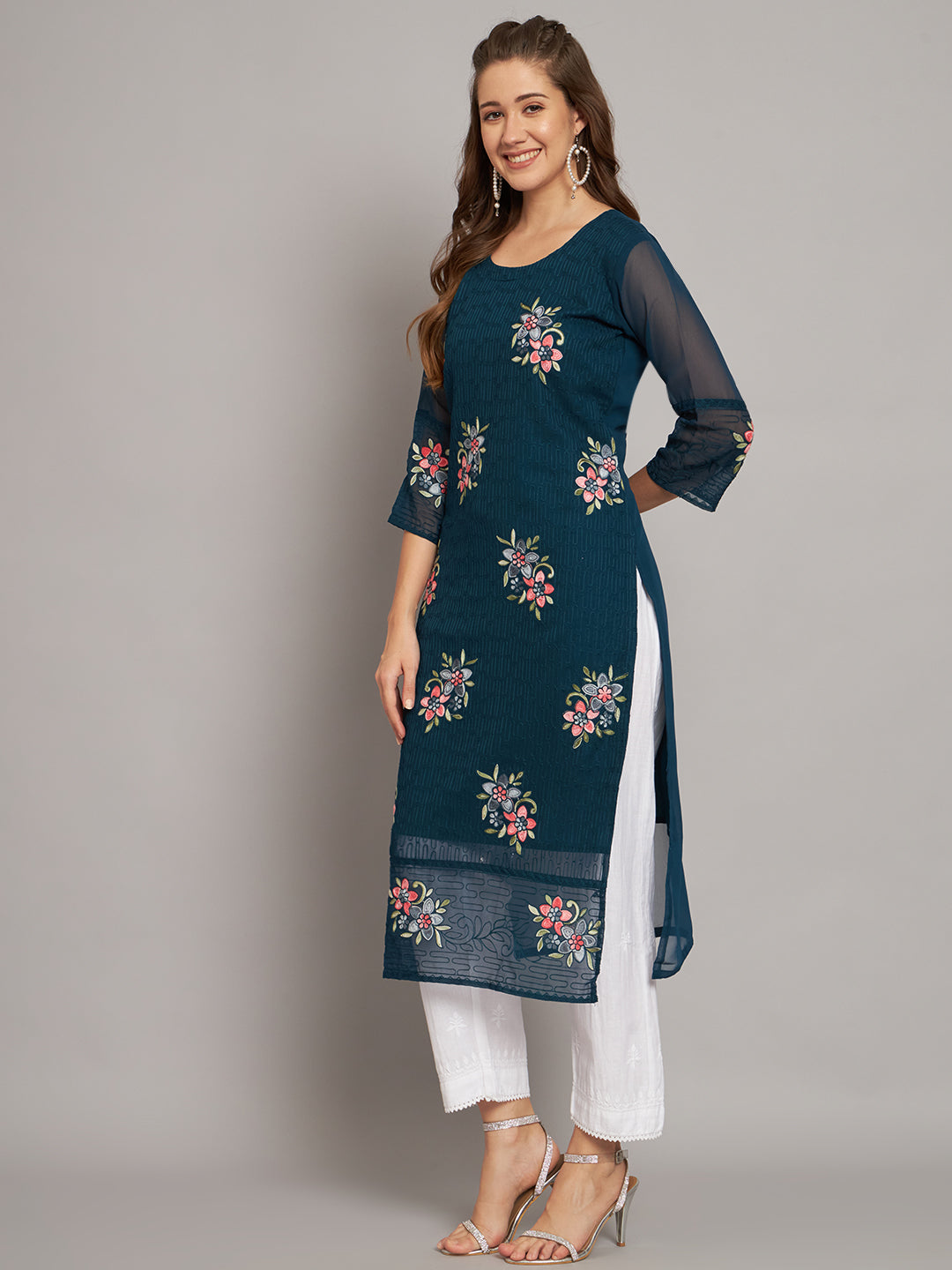 Teal Blue Georgette Embroidery Kurti