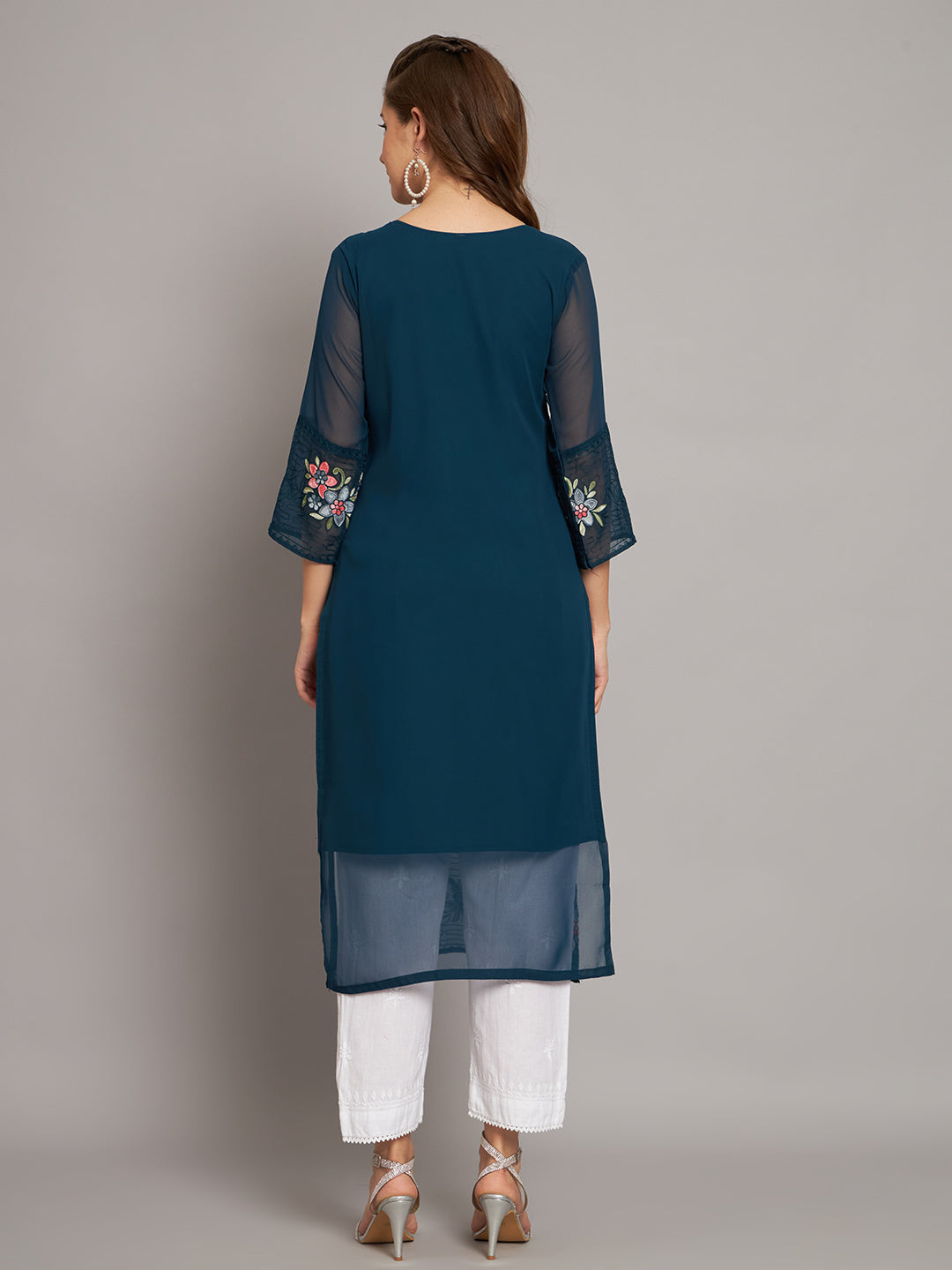 Teal Blue Georgette Embroidery Kurti