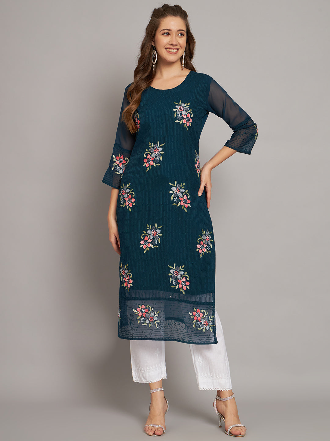 Teal Blue Georgette Embroidery Kurti