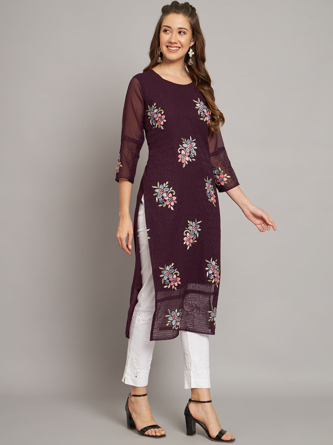 Wine Georgette Embroidery Kurti