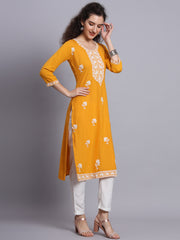 Yellow Rayon Lucknowi Chikankari Embroidered  Kurti