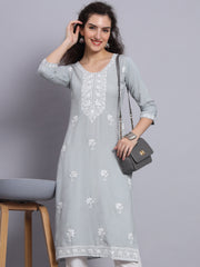 Grey Rayon Lucknowi Chikankari Embroidered  Kurti