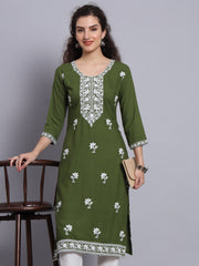 Green Rayon Lucknowi Chikankari Embroidered  Kurti