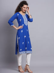 Rayonne bleue Lucknowi Chikankari Brodé Kurti