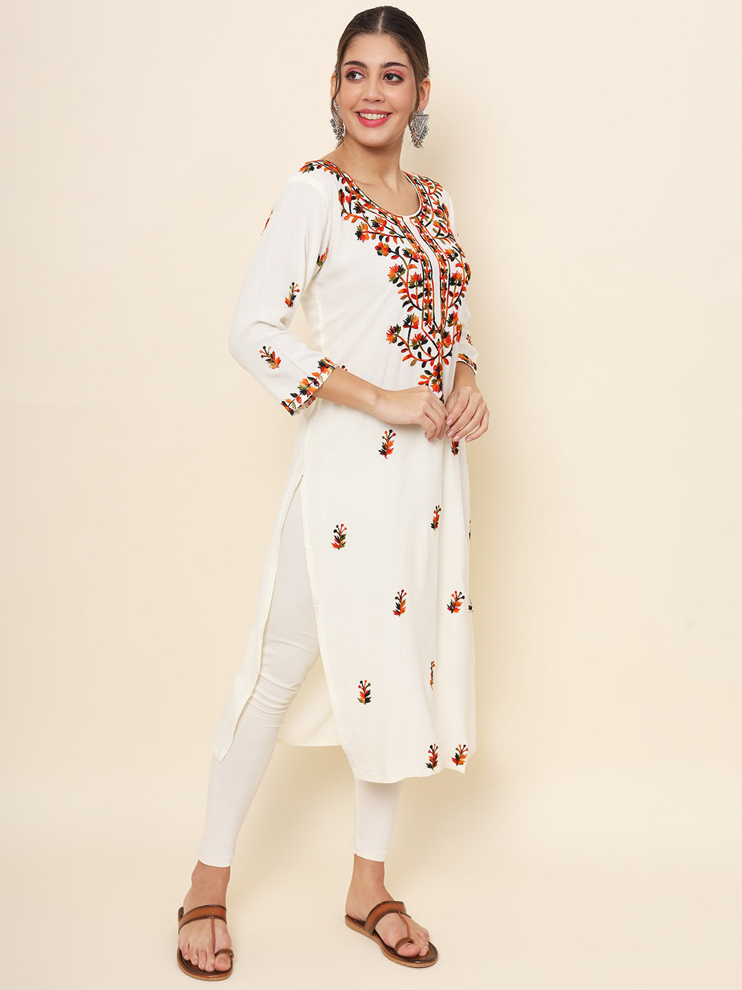 White Rayon Thread Embroidered  Kurti