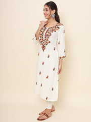 White Rayon Thread Embroidered  Kurti