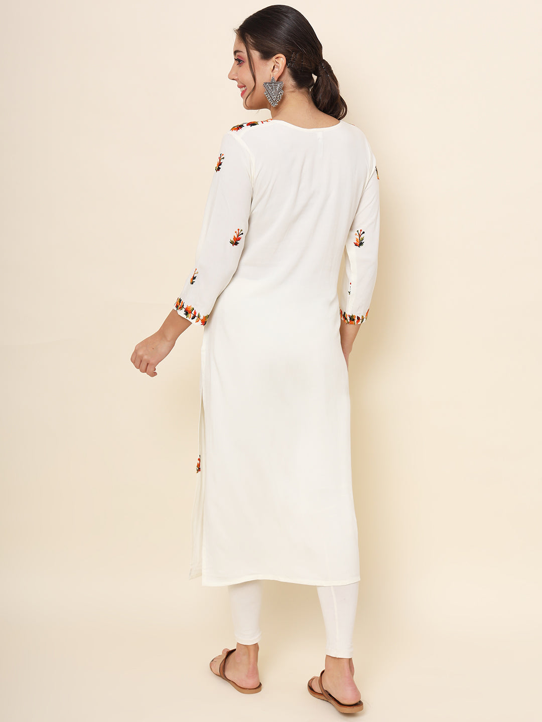 White Rayon Thread Embroidered  Kurti