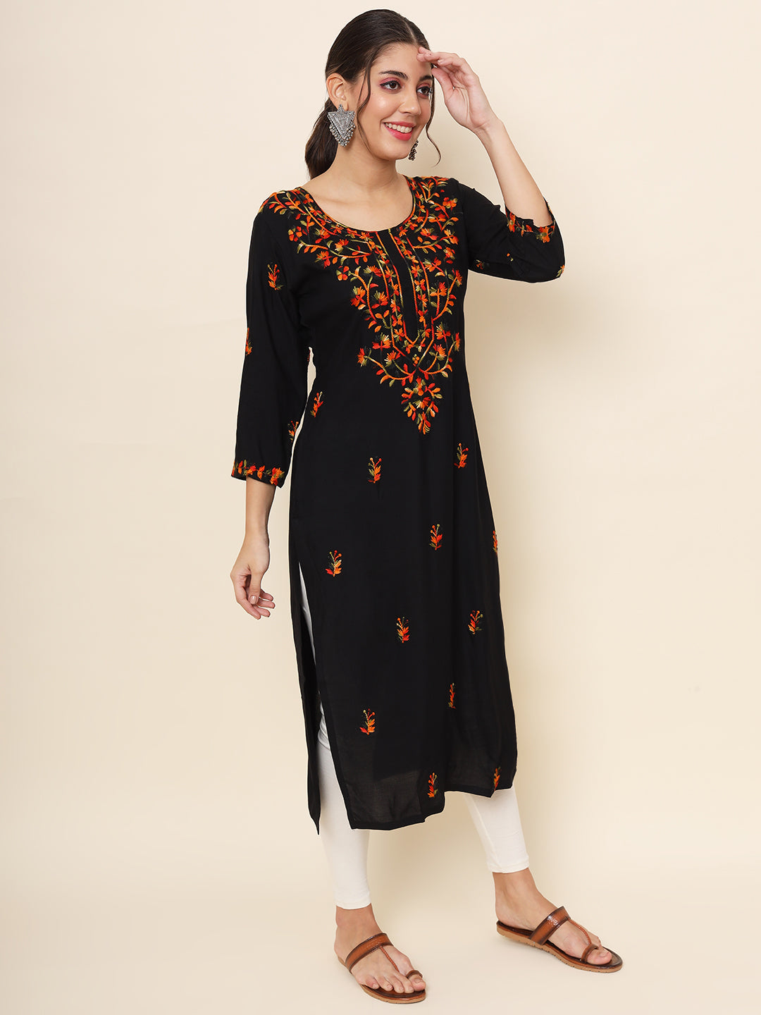 Black Rayon Thread Embroidered  Kurti