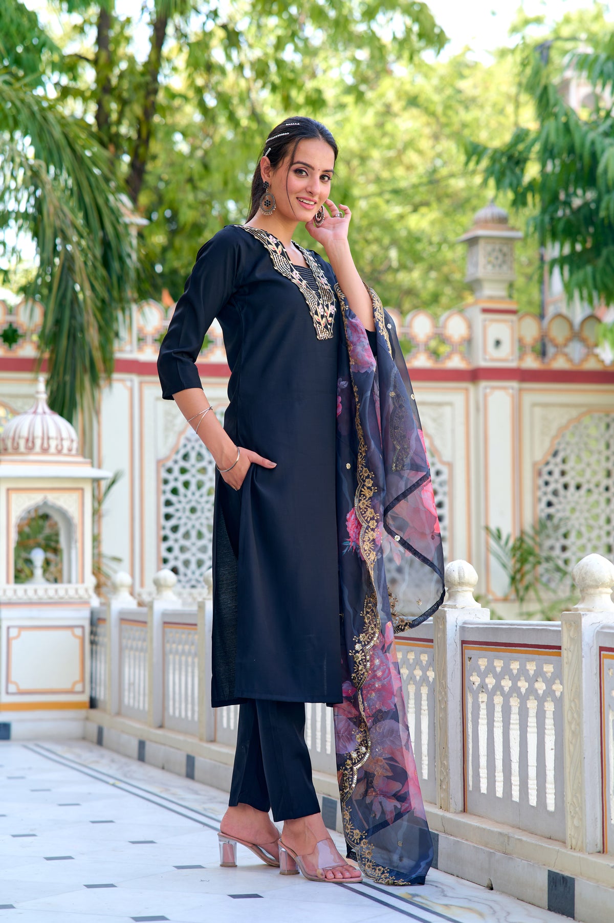 Black Chanderi Embroidered Salwar Suit With Bottom Dupatta