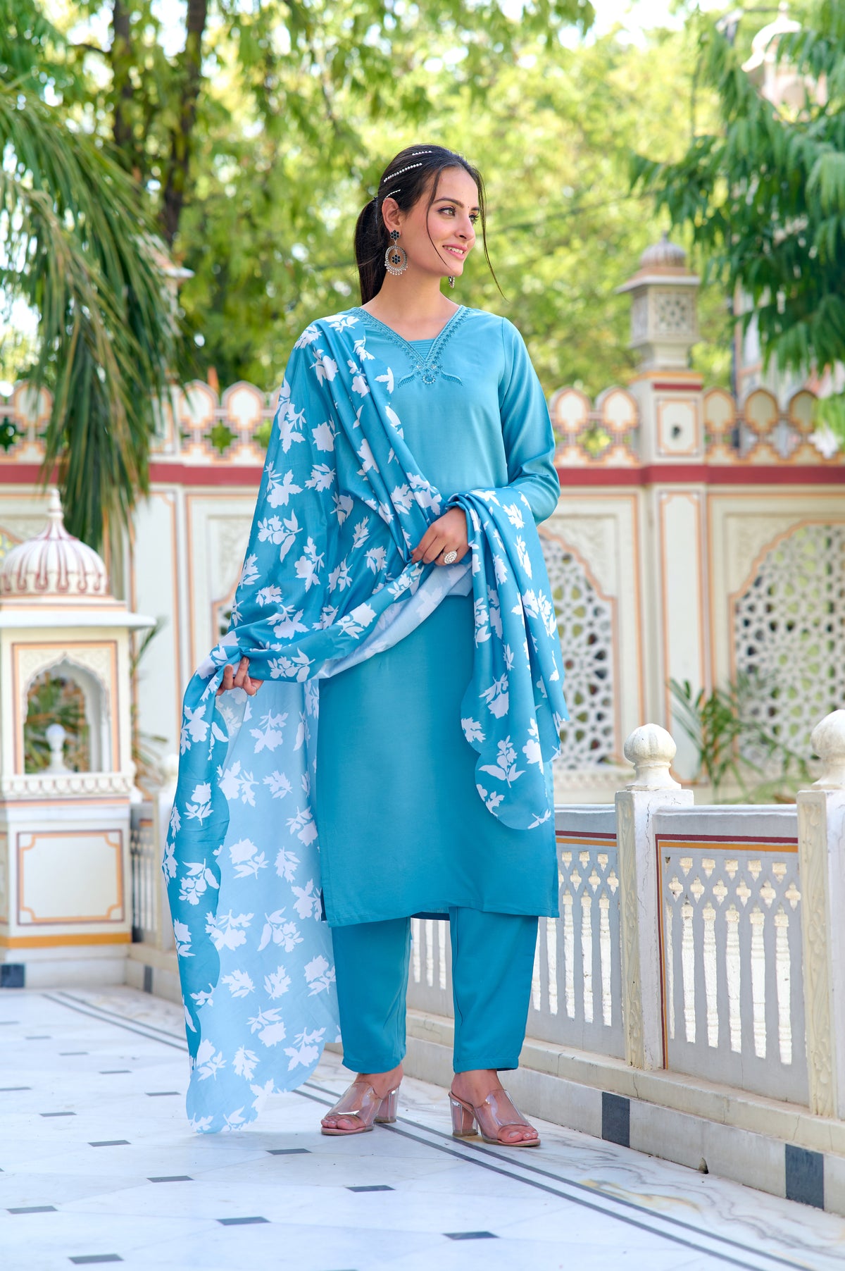 Sky Blue Chanderi Embroidered Salwar Suit With Bottom Dupatta