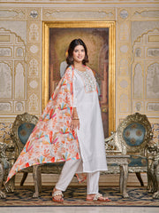 White Chanderi Embroidered Salwar Suit With Bottom Dupatta