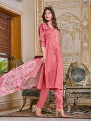 Costume Salwar brodé en Chanderi rose avec dupatta inférieur