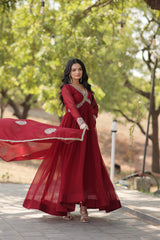 Maroon Faux Georgette Zari Sequins Gown With Dupatta