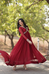 Maroon Faux Georgette Zari Sequins Gown With Dupatta