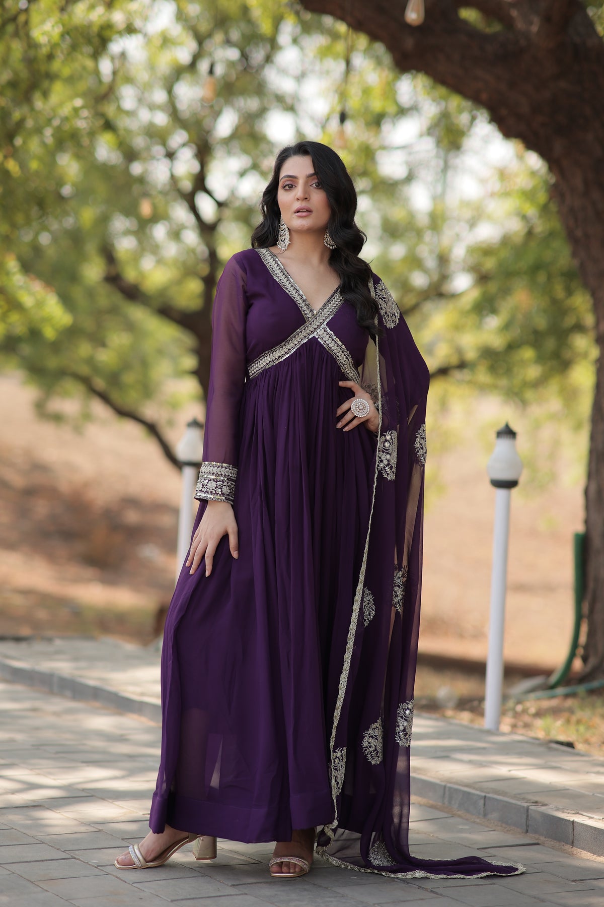 Purple Faux Georgette Zari Sequins Gown With Dupatta