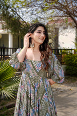 Green Rayon Digital Printed  Flared Kurti