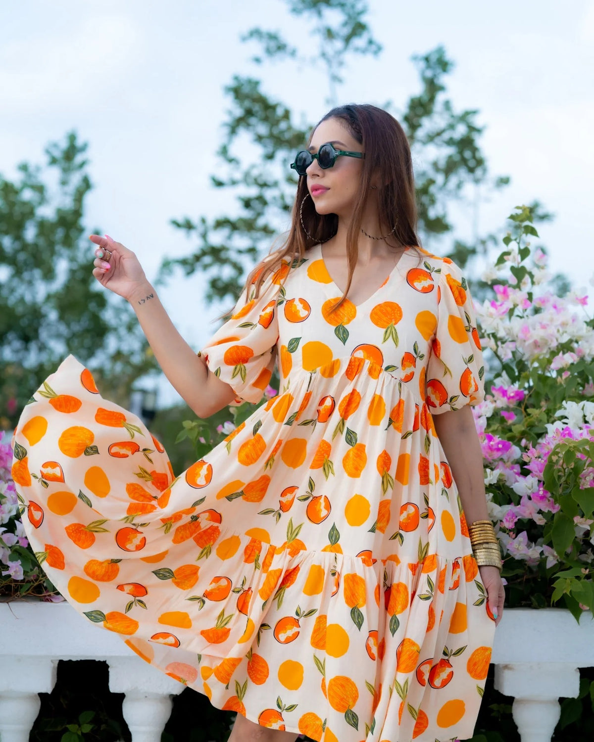 Orange Rayon Tropical Digital Printed Western dress