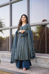 Blue Cotton Silk Digital Printed Palazoo Salwar Suit With Bottom Dupatta