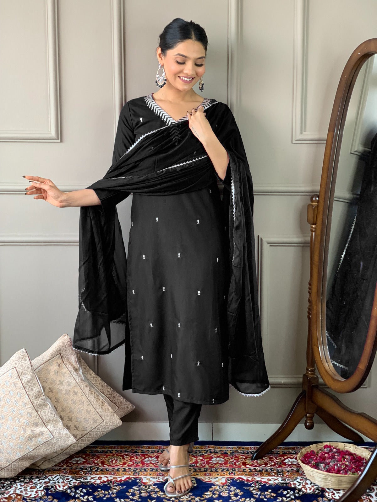 Black Rayon Thread sequins Readymade Salwar Suit With Bottom Dupatta