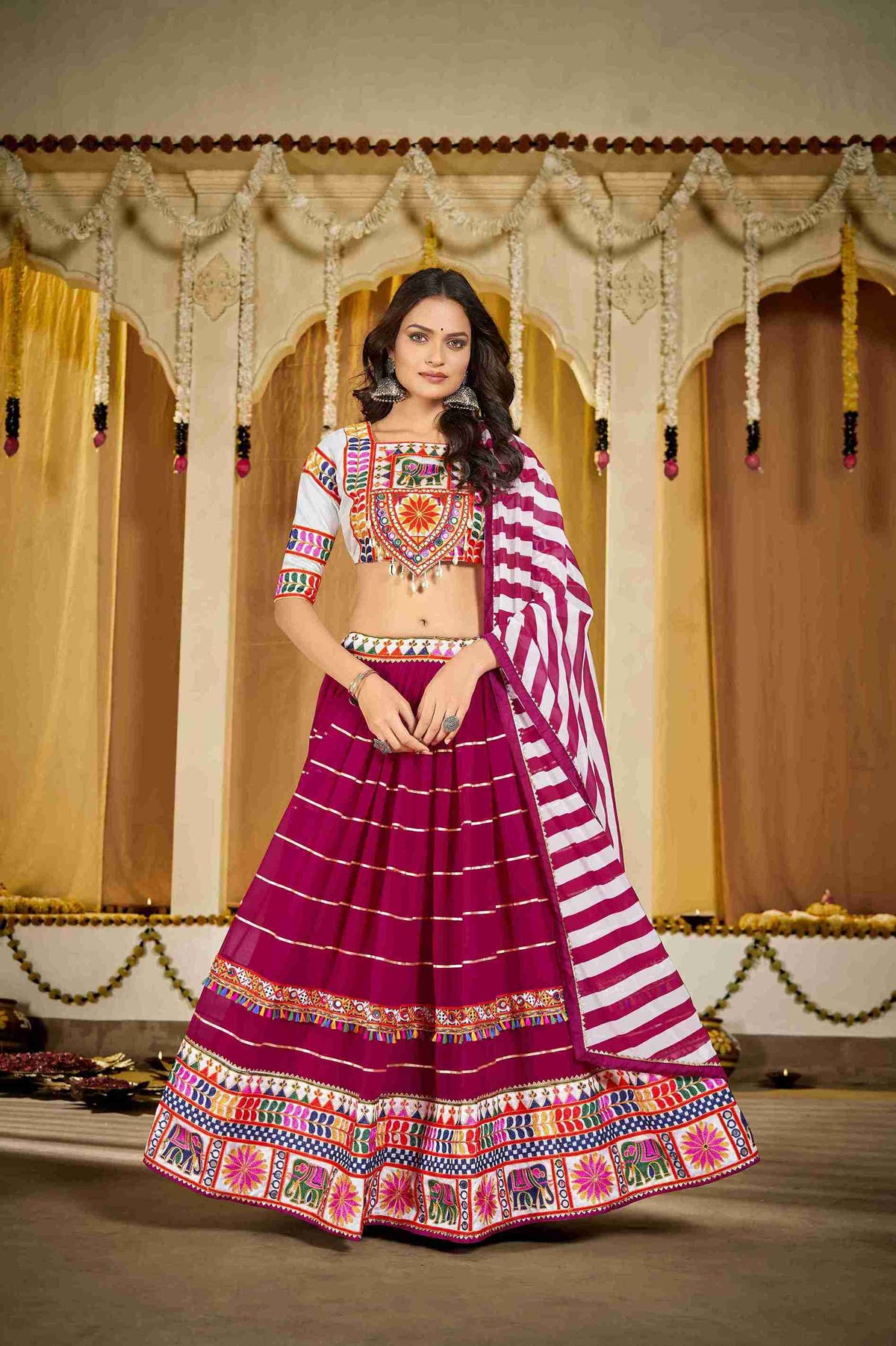 White Georgette Mirror Embroidered Navratri Special Lehenga Choli