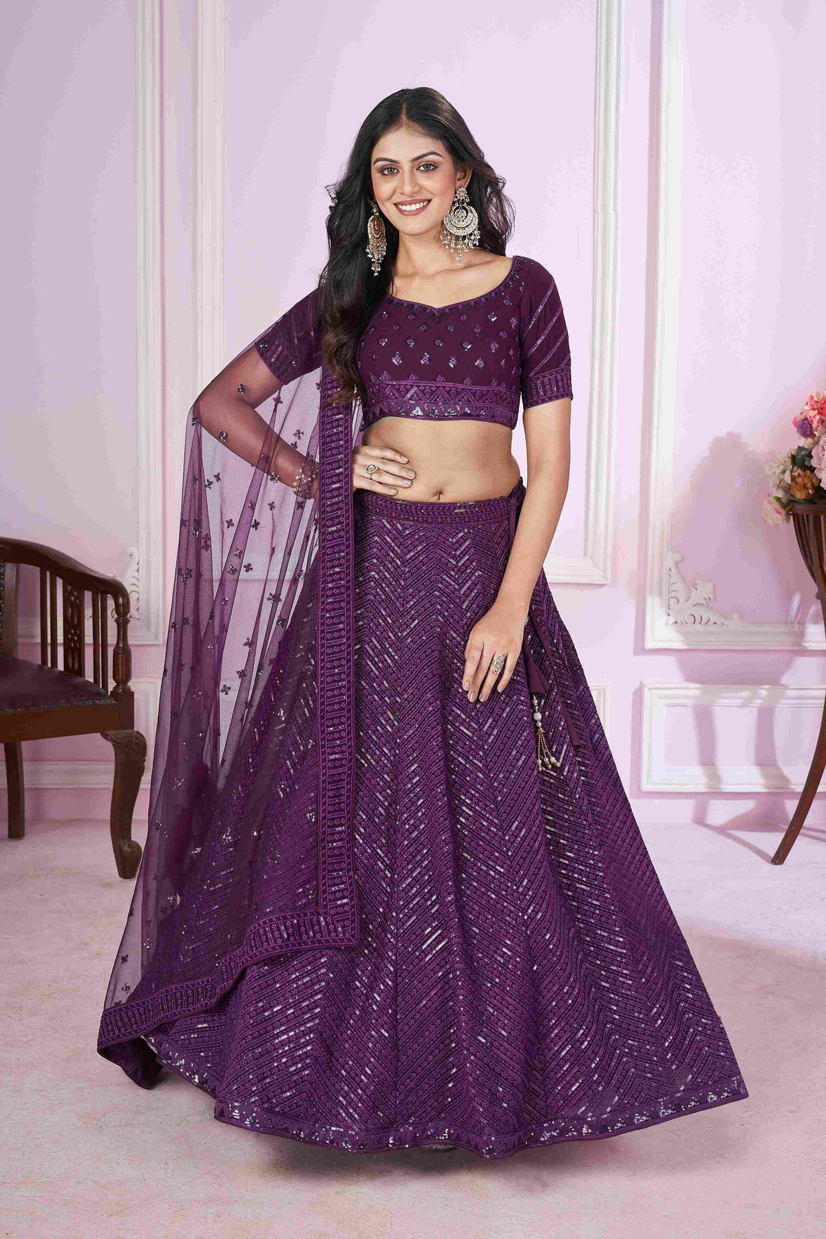 Purple Georgette Sequins Embroidered Lehenga Choli