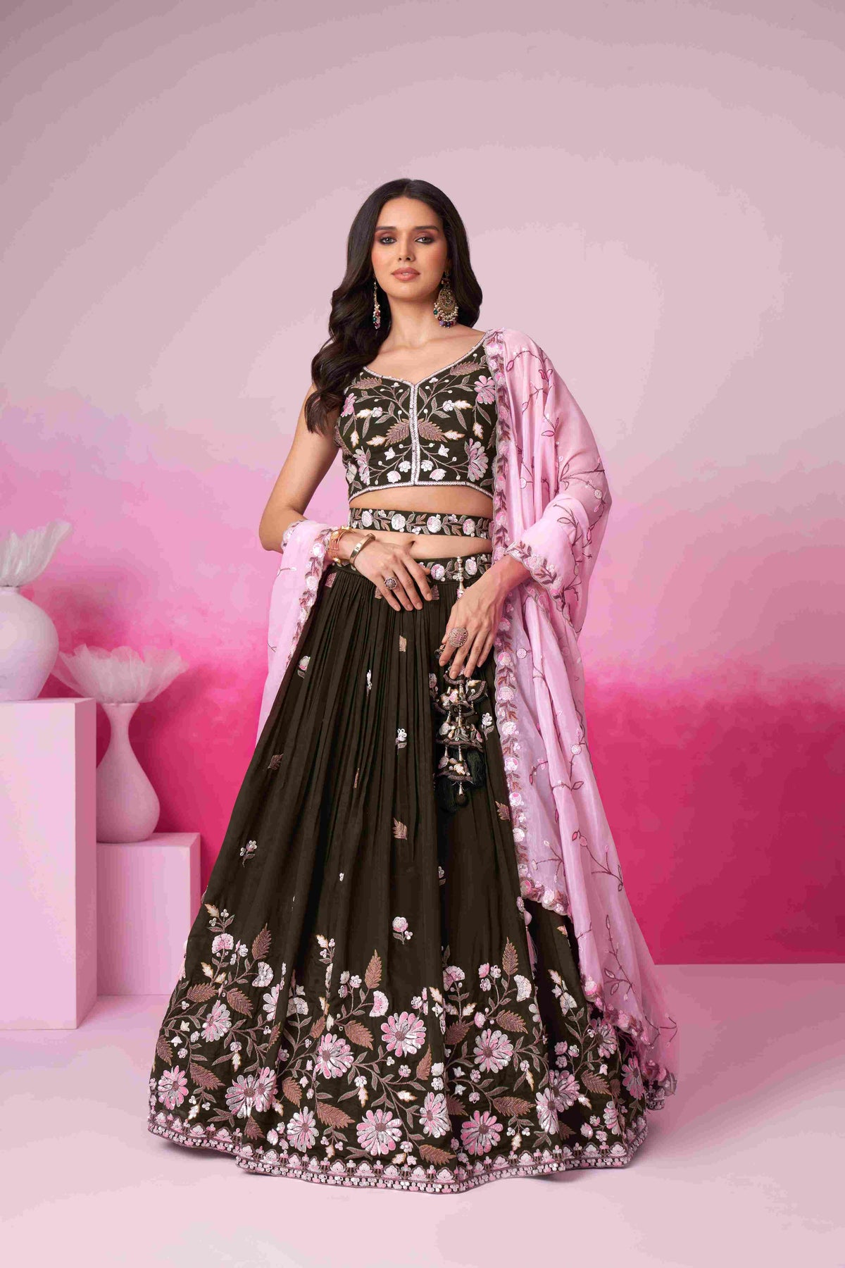 Olive Satin Embroidered Lehenga Choli