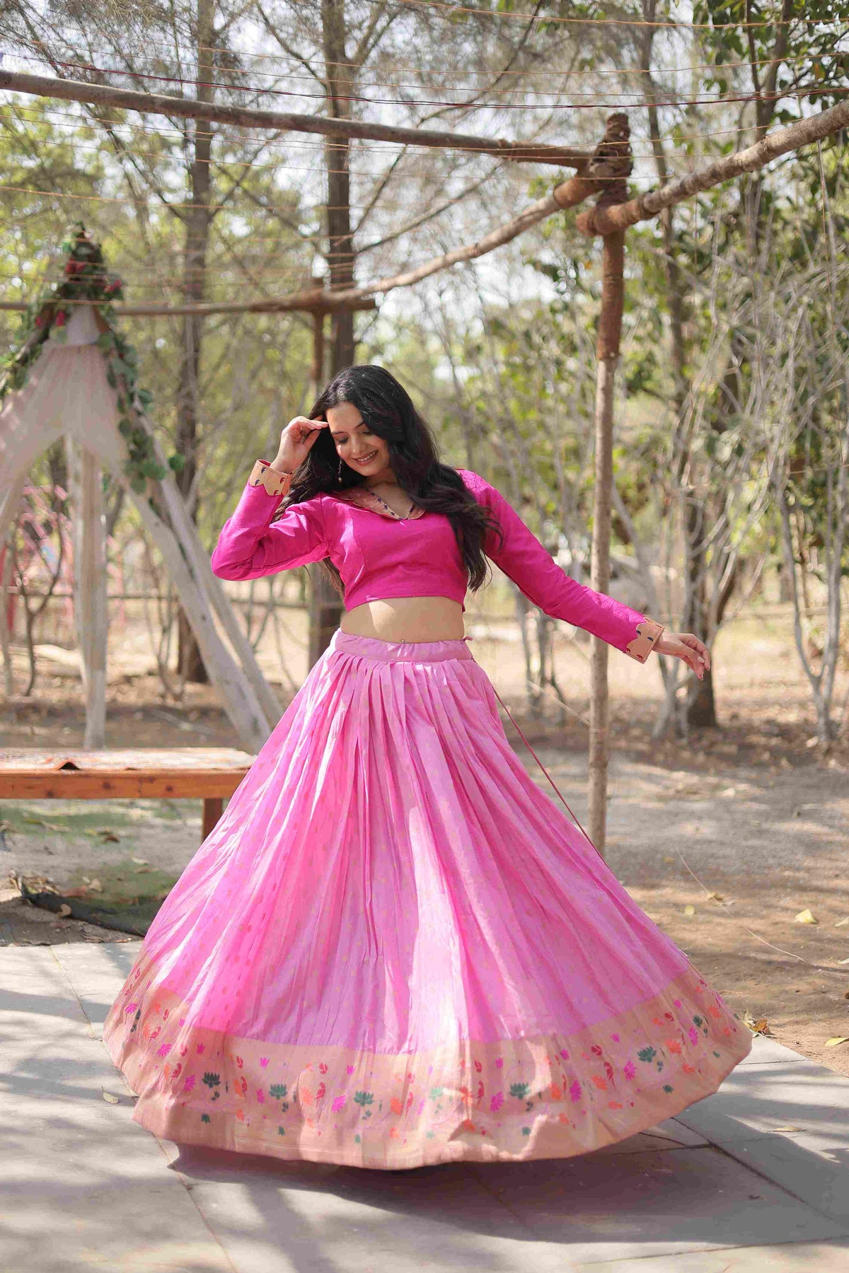 Pink Ready to Wear Viscose Jacquard Kalamkari Lehenga Choli Without Dupatta