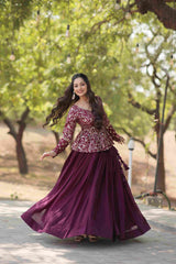 Wine Ready to Wear Vichitra Jacquard Embroidered Lehenga Choli Without Dupatta