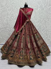 Pink Velvet Sequins Embroidered Bridal Lehenga Choli