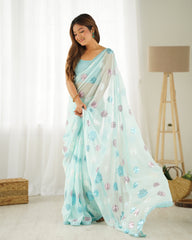 Sky Blue Faux Georgette Sequins Embroidered Saree