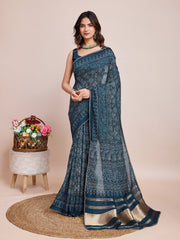 Blue Cotton Silk Bandhani Woven Saree