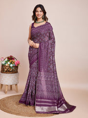 Purple Cotton Silk Bandhani Woven Saree