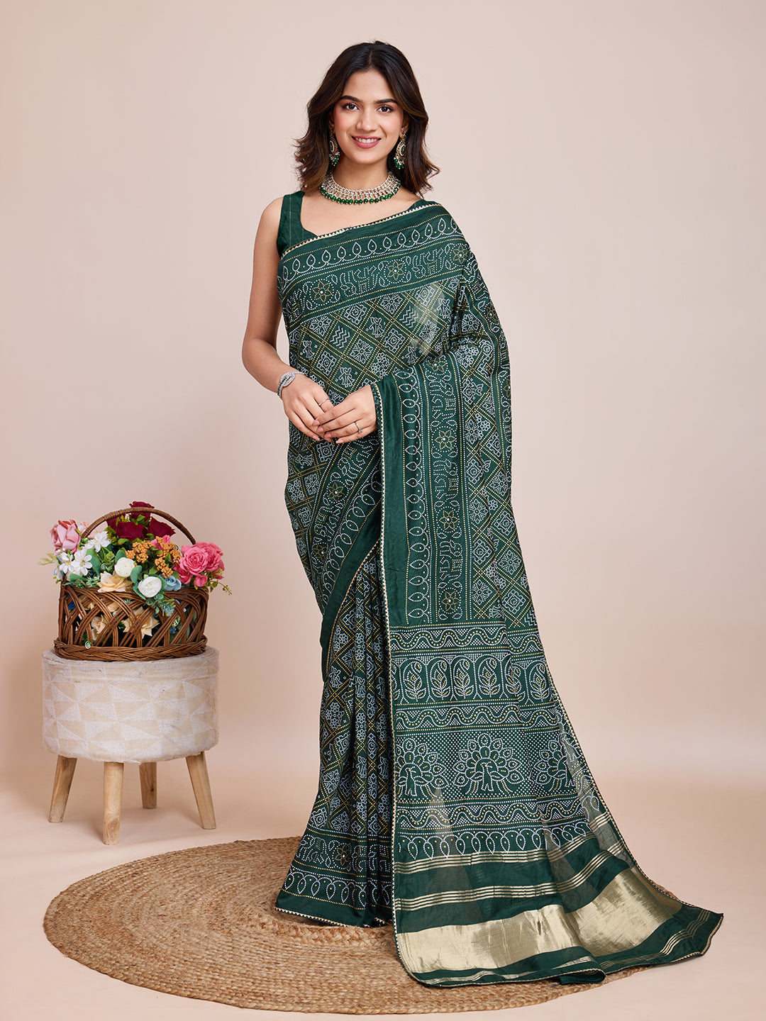 Green Cotton Silk Bandhani Woven Saree