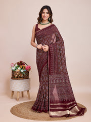 Burgundy Cotton Silk Bandhani Woven Saree